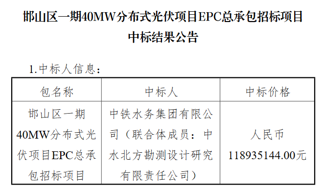 2.97元/W！河北40MW分布式光伏项目EPC中标公示！